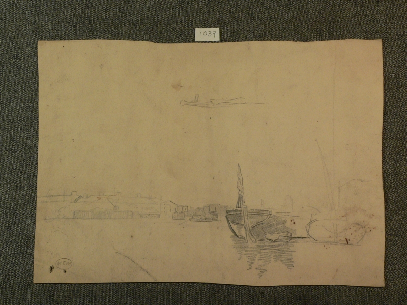 Thames, sterns of two barges,